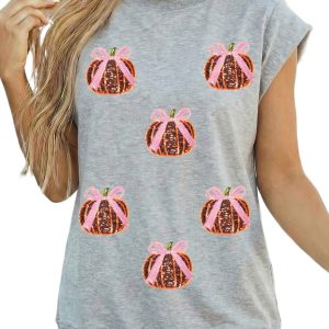 Women's Sequin Pumpkin Top, Casual Short Sleeve Fall Tee - Main View