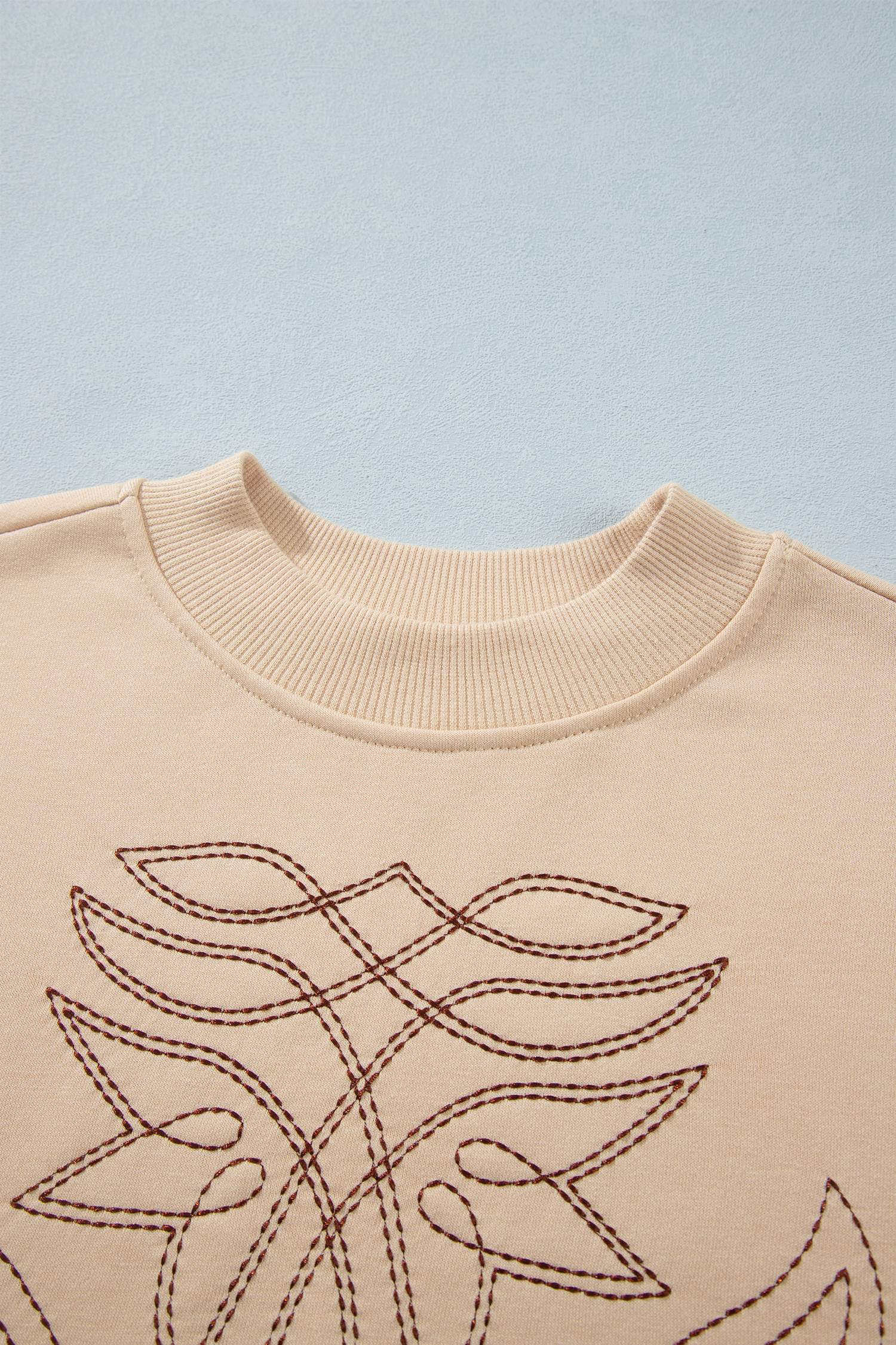 Women's Western Embroidery Sweatshirt, Beige Round Neck Top - Detail View 7