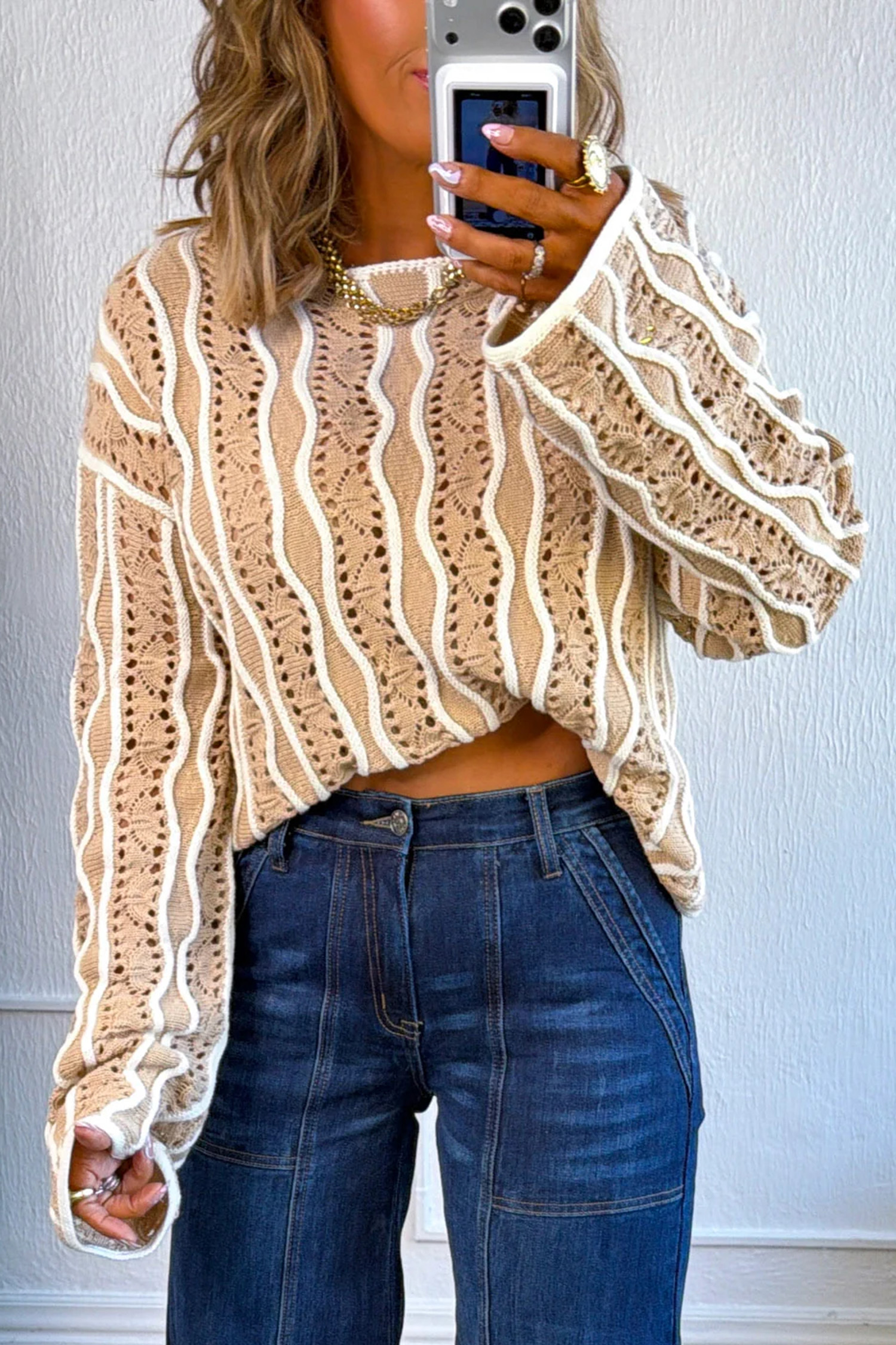 Khaki Cotton Knit Pullover, Women's Casual Wavy Detail Top - Detail View 2