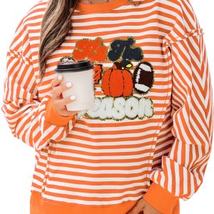 Women's Orange Stripe Sweatshirt, Casual Fall Graphic Top - Main View