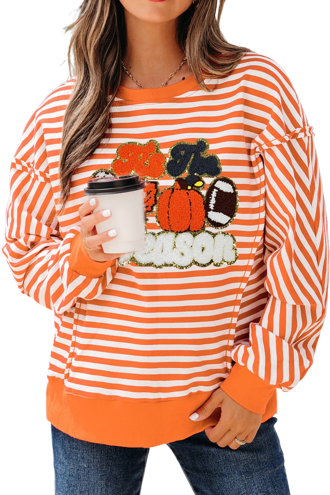 Women's Orange Stripe Sweatshirt, Casual Fall Graphic Top - Main View