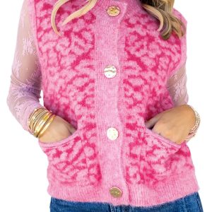 Women's Pink Leopard Sweater Vest, Button Front Knit Top - Main View