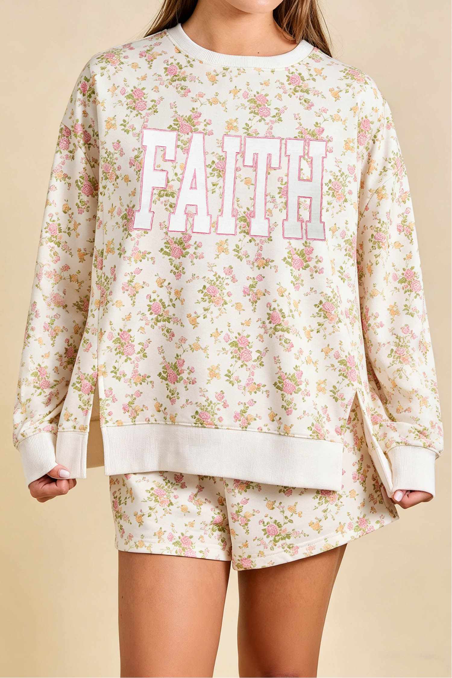 Beige Floral Print Lounge Set, Comfortable Graphic Top Shorts - Detail View 2