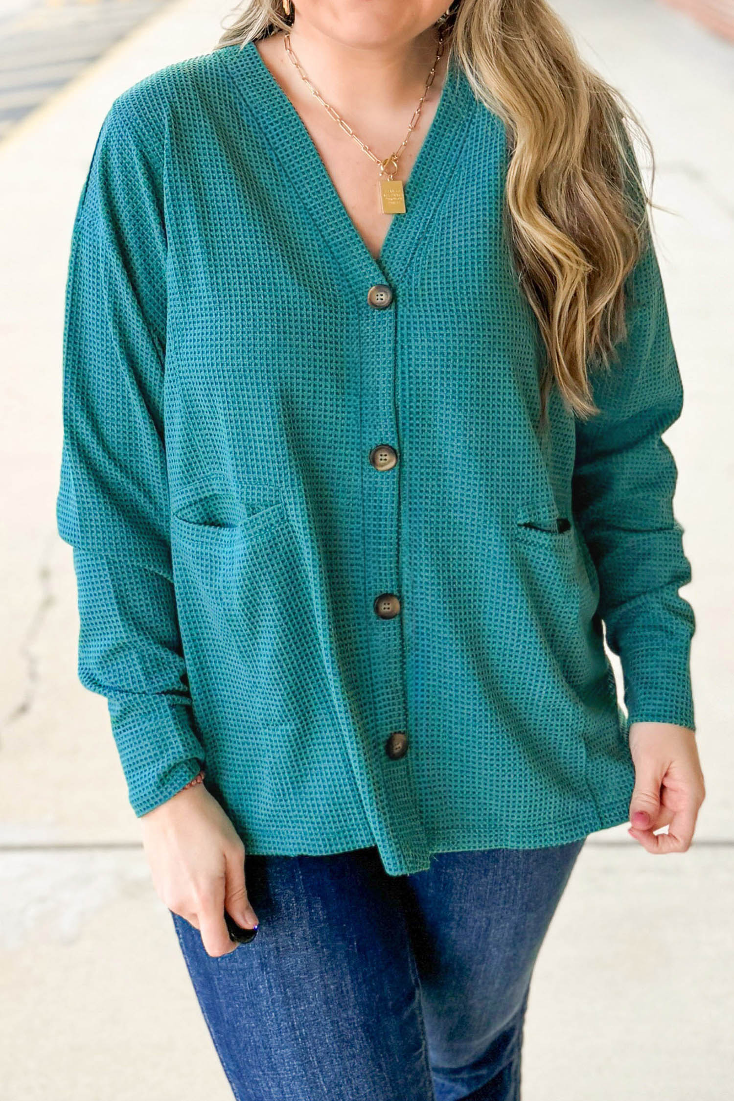 Lapis V Neck Cardigan, Textured Waffle Knit Casual Sweater - Detail View 8