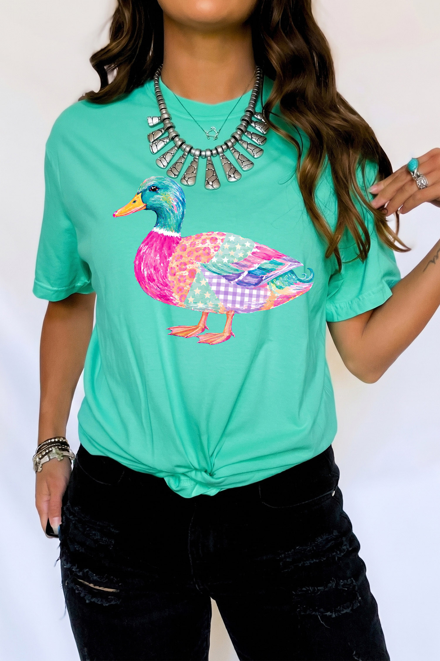 Mint Green Mallard Print Top, Women's Relaxed Summer T Shirt - Detail View 6