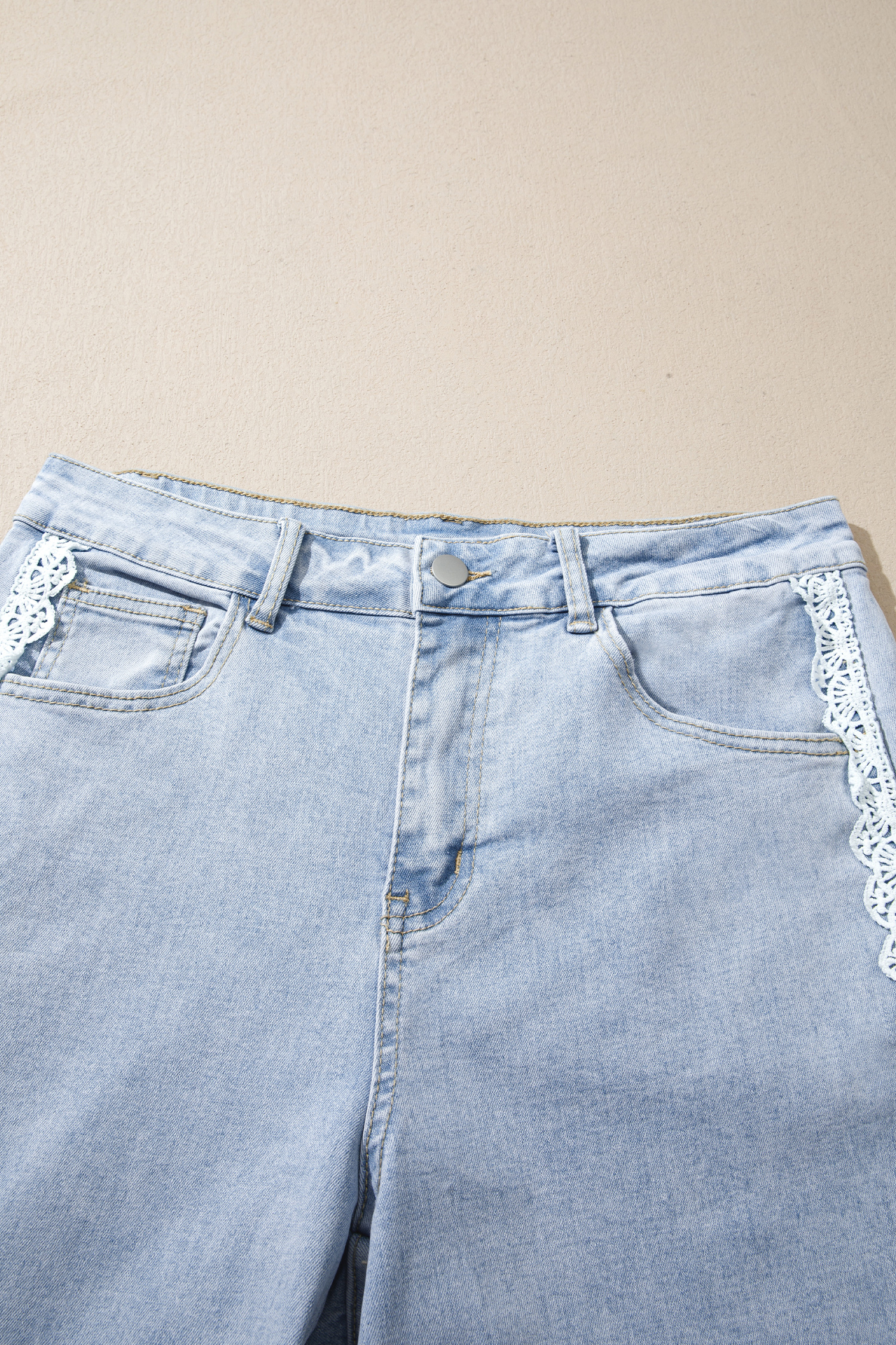 Lace Detail Denim Jeans, Trendy Chic Women Trousers - Detail View 8