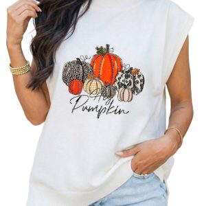 Women's Pumpkin Graphic Top, Rhinestone Embellished Tee - Main View