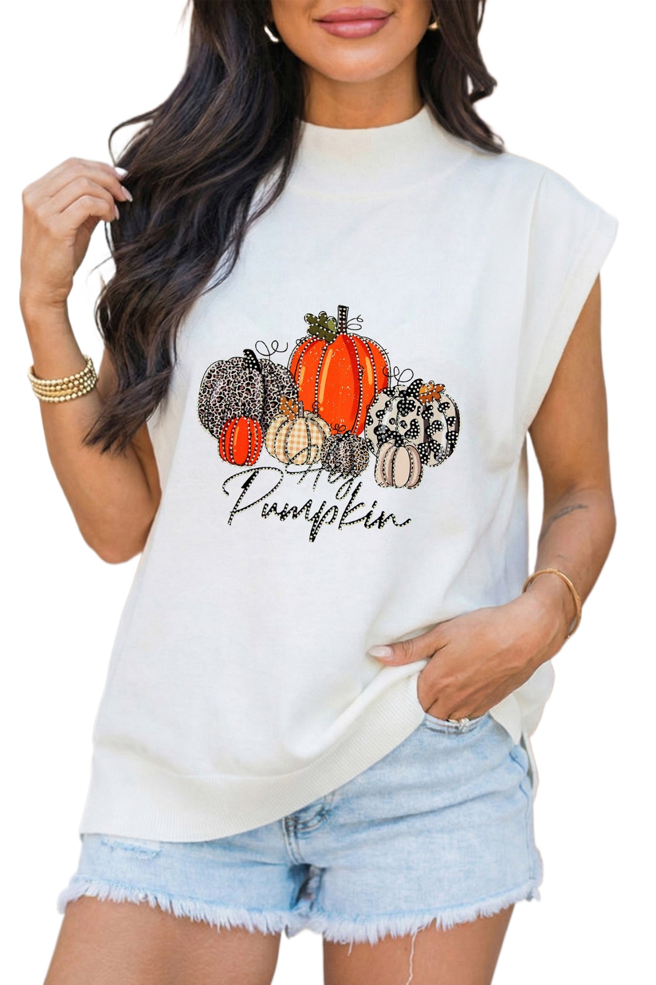 Women's Pumpkin Graphic Top, Rhinestone Embellished Tee - Main View