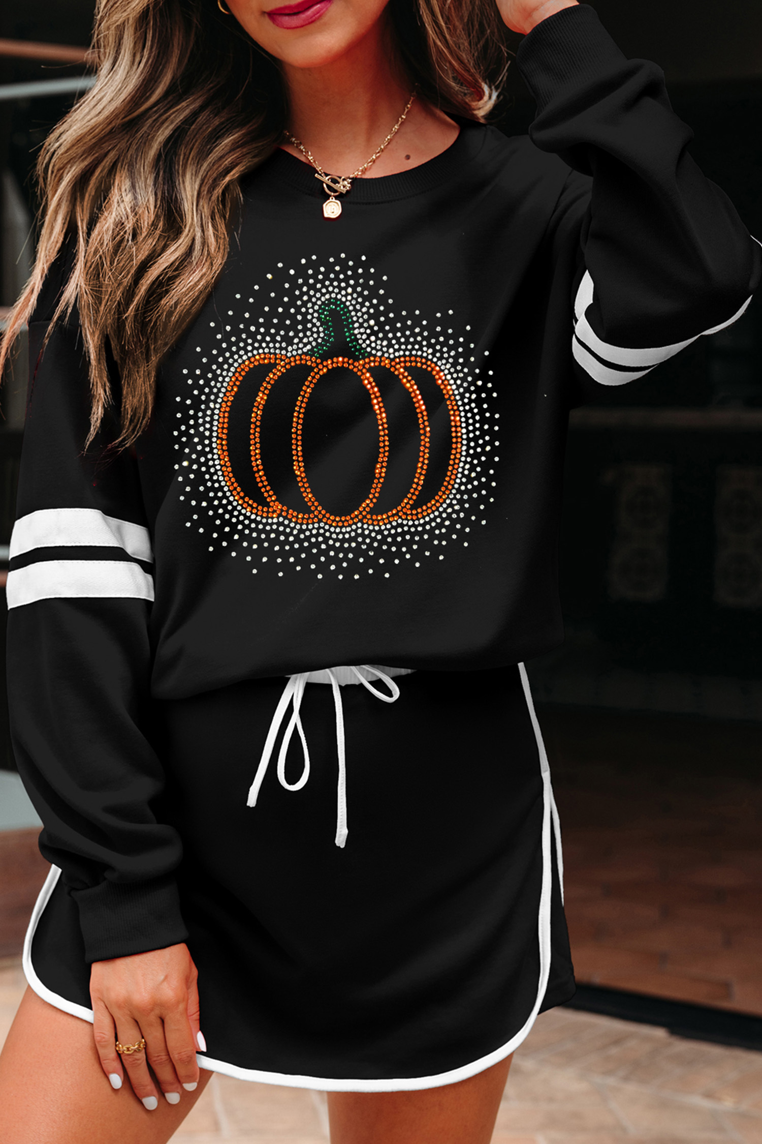 Casual Pumpkin Rhinestone Set, Long Sleeve Top Mini Skort - Detail View 6
