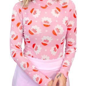 Women's Santa Print Top, Pink Long Sleeve Mock Neck Shirt - Main View