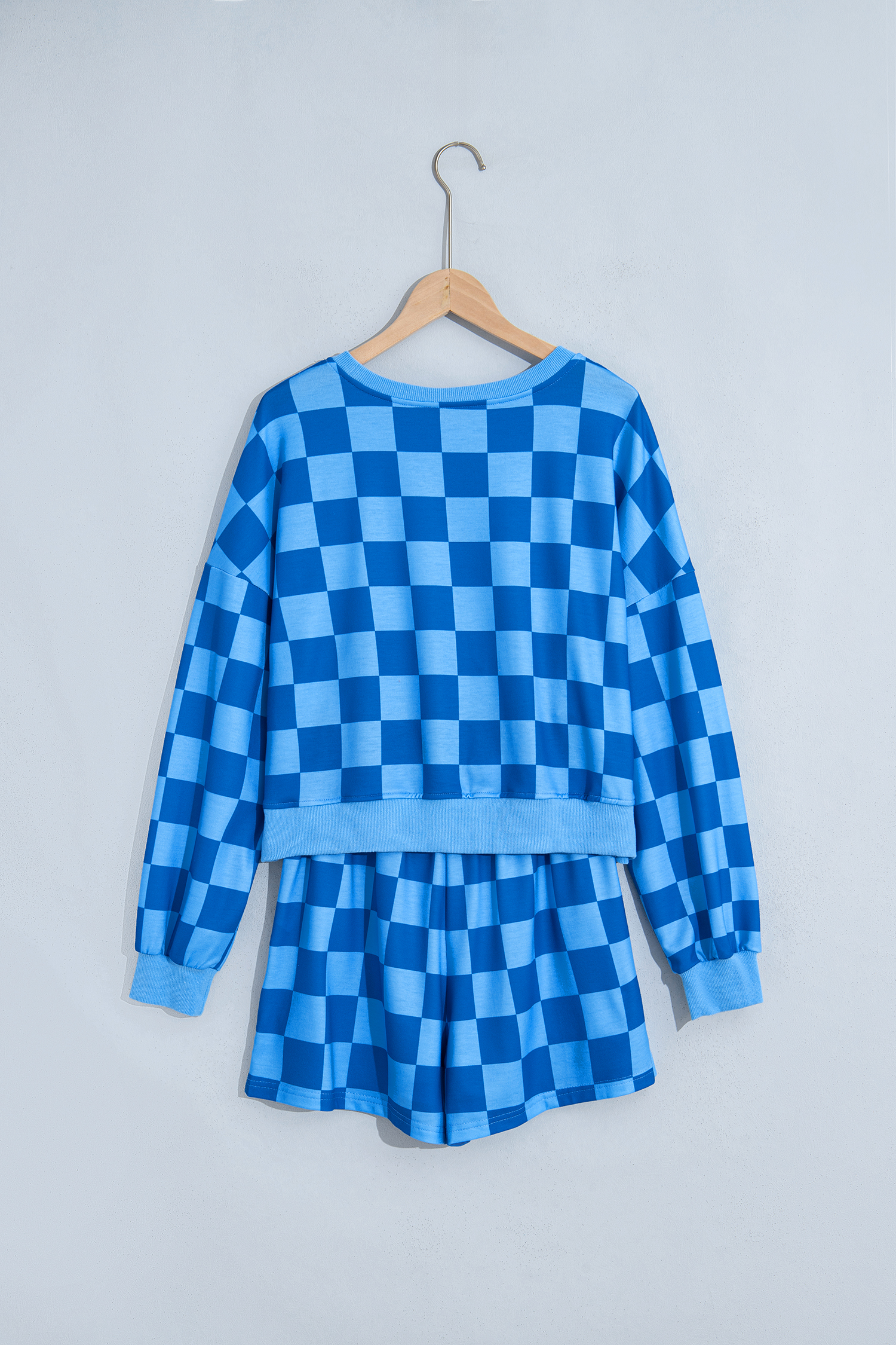Checkered Long Sleeve Shorts Set, Trendy Women's Daily Outfit - Detail View 2