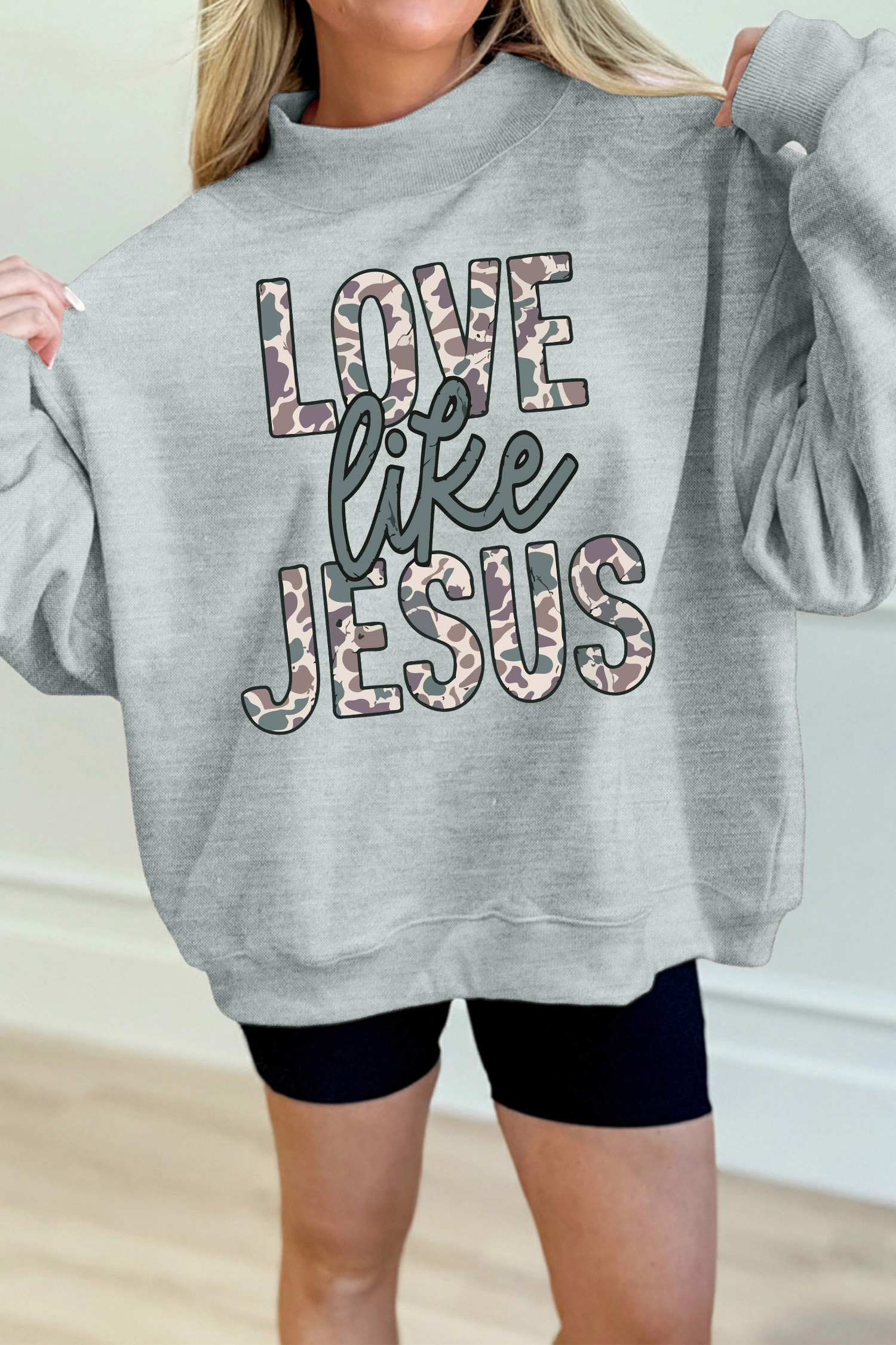 Women's Camo Letter Sweatshirt, Gray Faith Inspired Pullover - Detail View 7