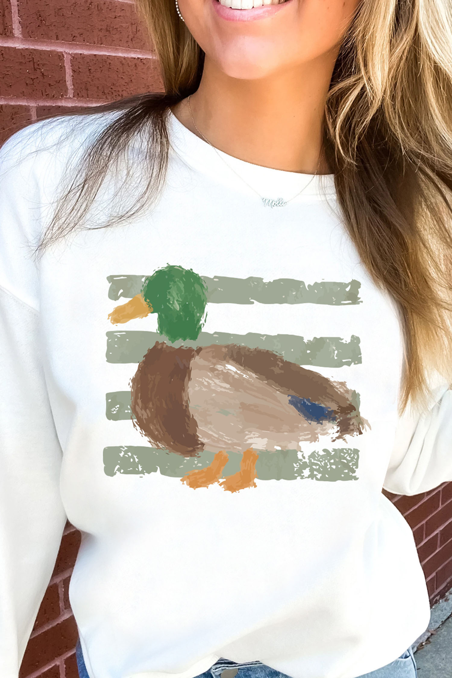Graphic Duck Crewneck Sweatshirt, White Western Style Top - Detail View 3