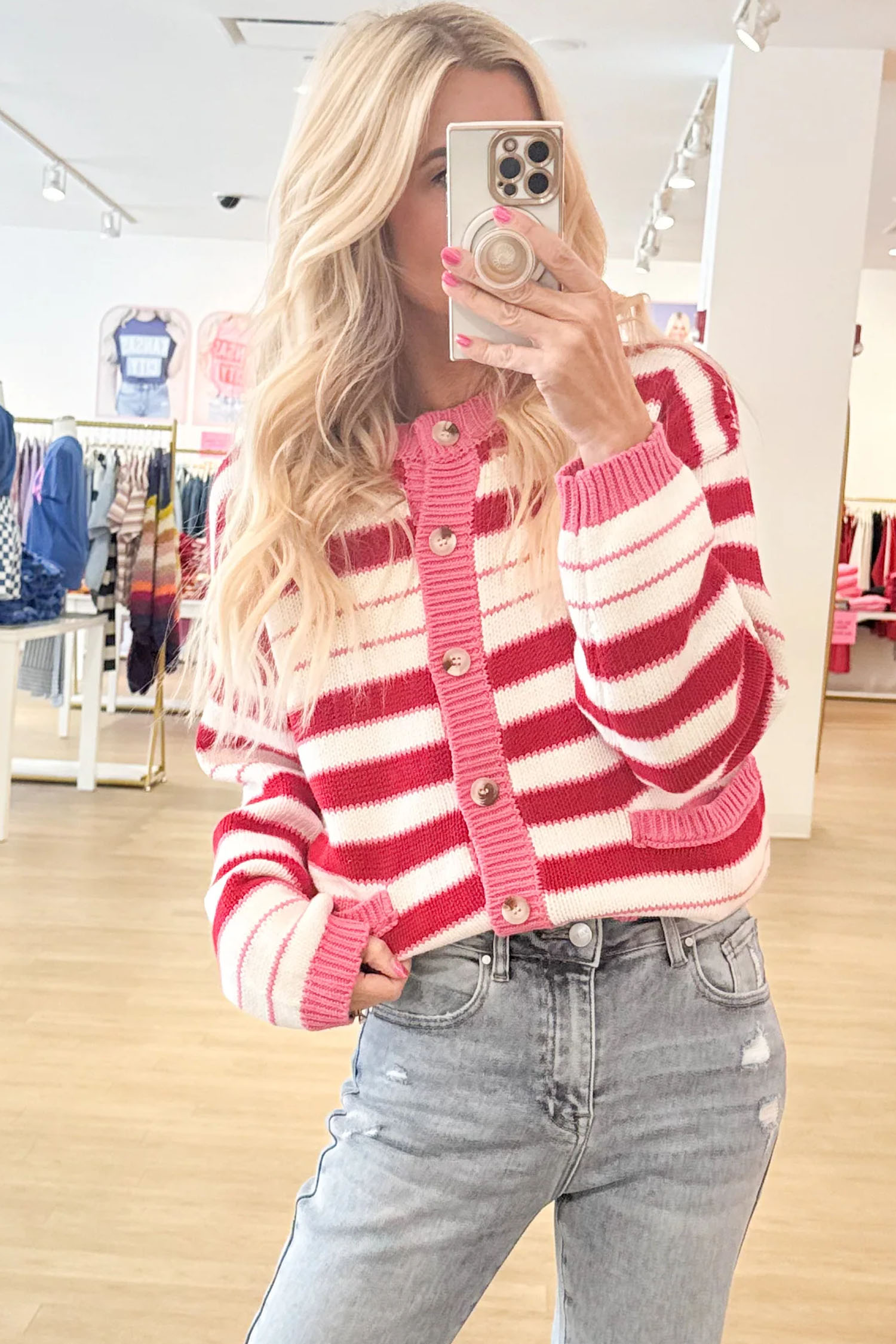Casual Fall Striped Cardigan, Women's Comfortable Knitwear - Detail View 6
