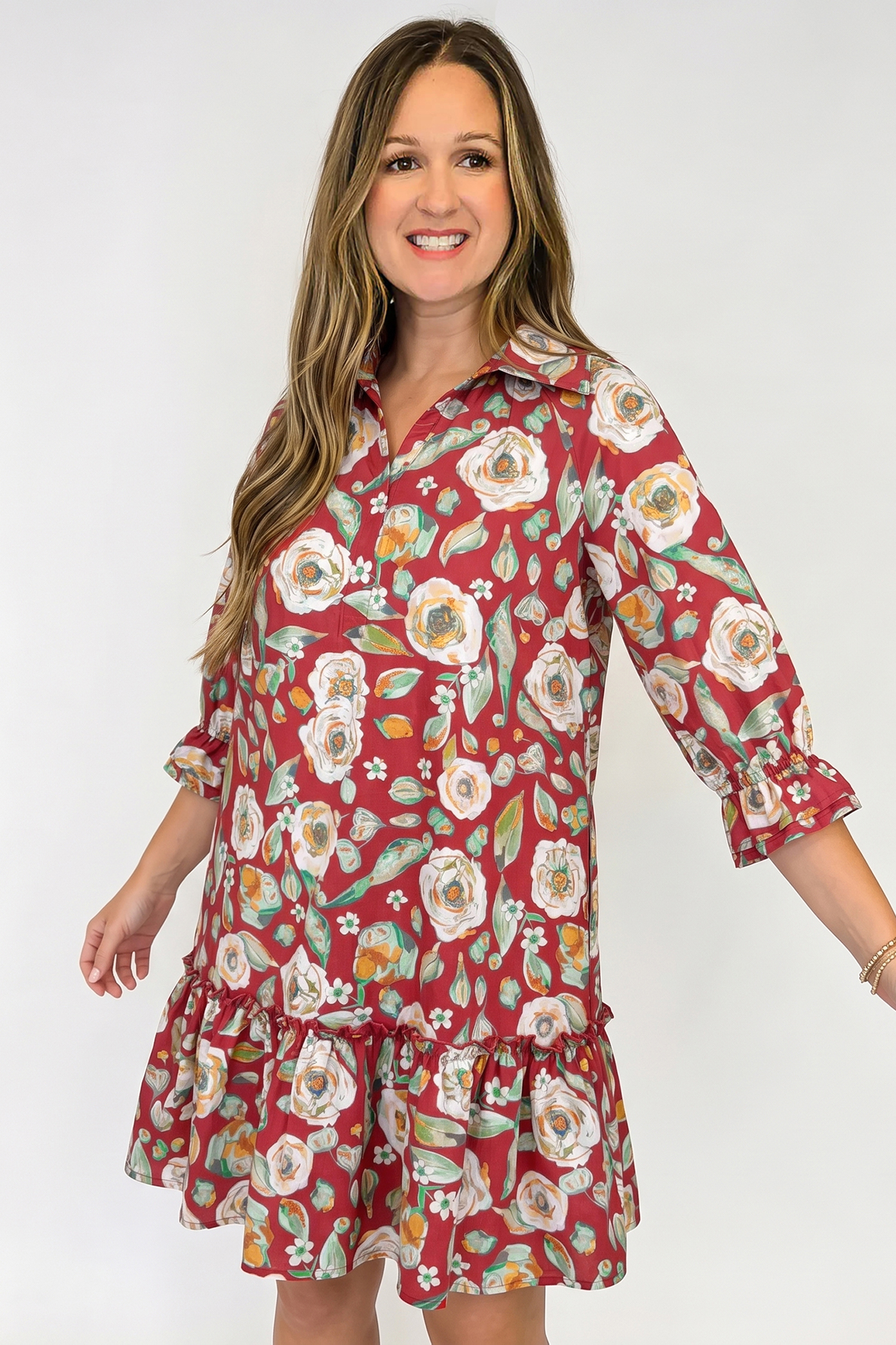 Women's Red Floral Dress, Casual Half Sleeve Ruffle Hem Mini - Detail View 7