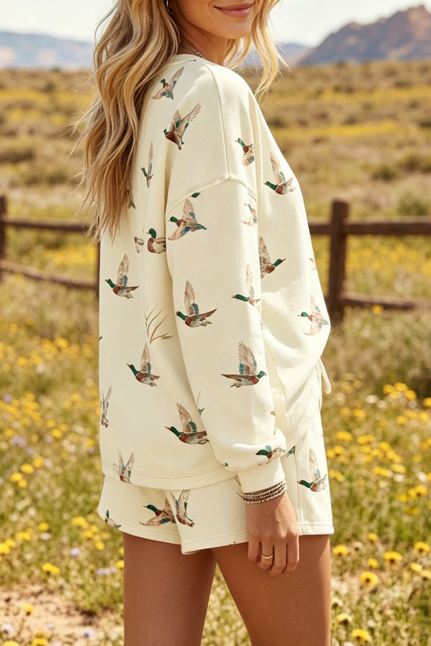 Beige Mallard Duck Sweatshirt Set, Country Western Style - Detail View 2