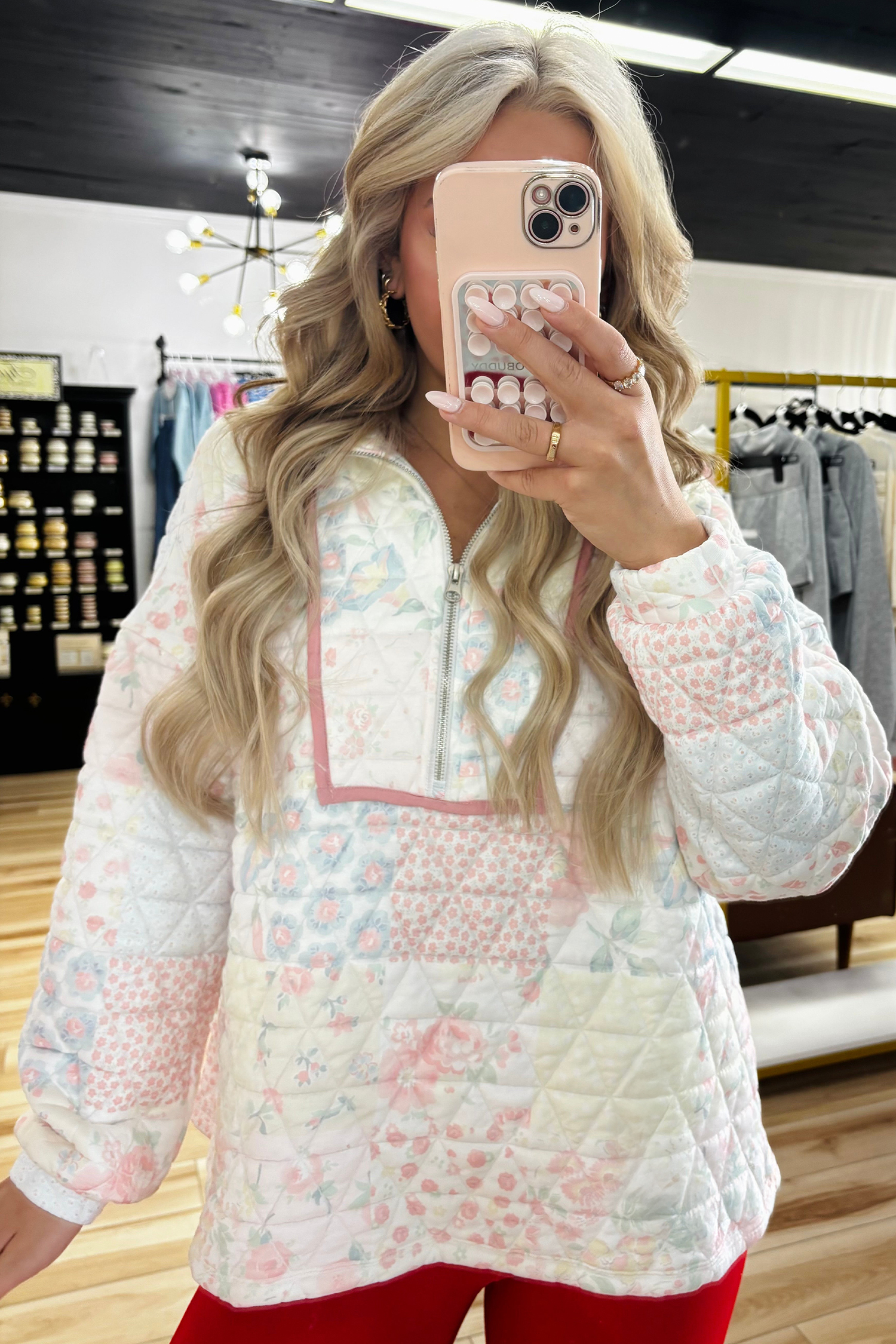 Women's Floral Quilted Sweatshirt, Casual Zip Collar Top - Detail View 7