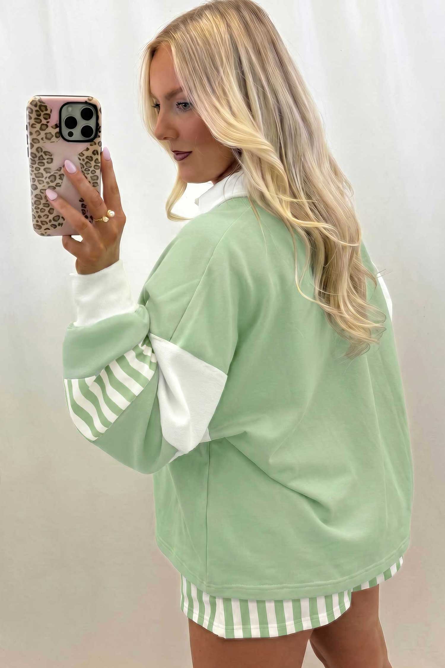 Casual Striped Pullover Shorts Set, Women's Fall Lounge Wear - Detail View 2