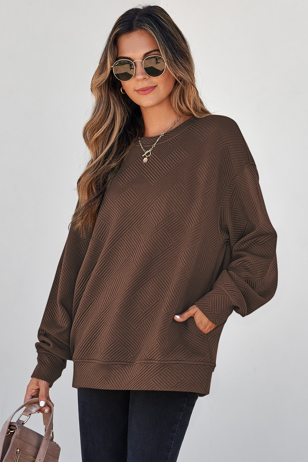 Long Sleeve Coffee Sweatshirt, Textured Casual Pullover - Detail View 3