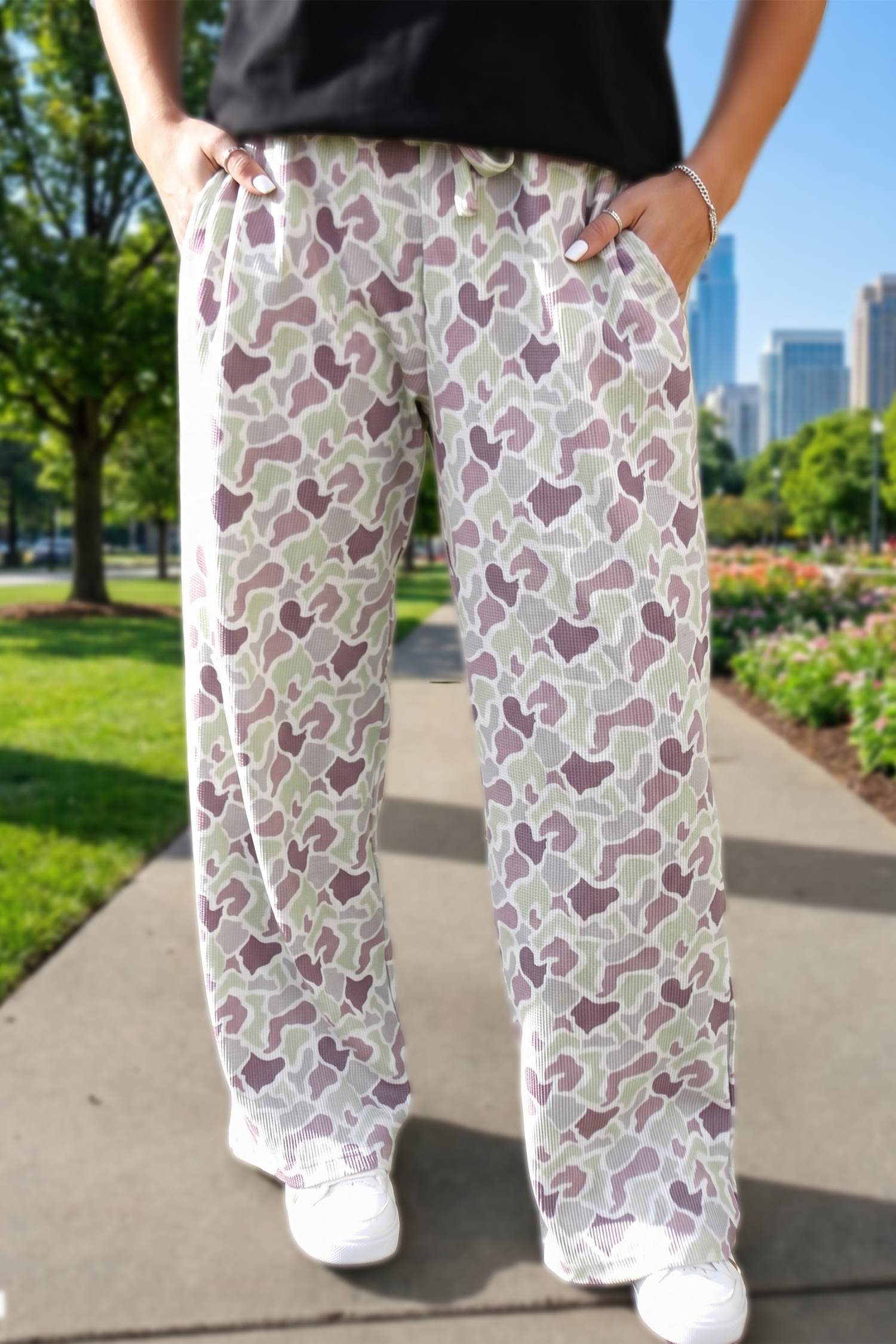 High Waisted Camo Print Pants, Trendy Wide Leg Waffle Knit Fit - Detail View 2