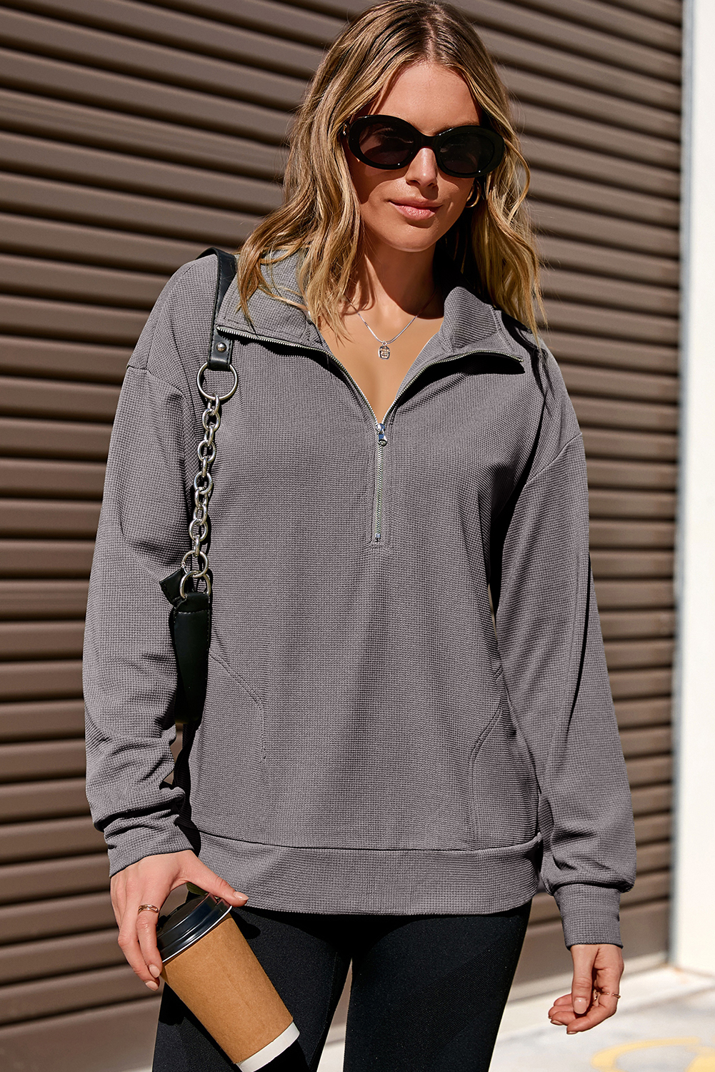 Waffle Knit Half Zip Pullover, Cozy Gray Long Sleeve Shirt - Detail View 17