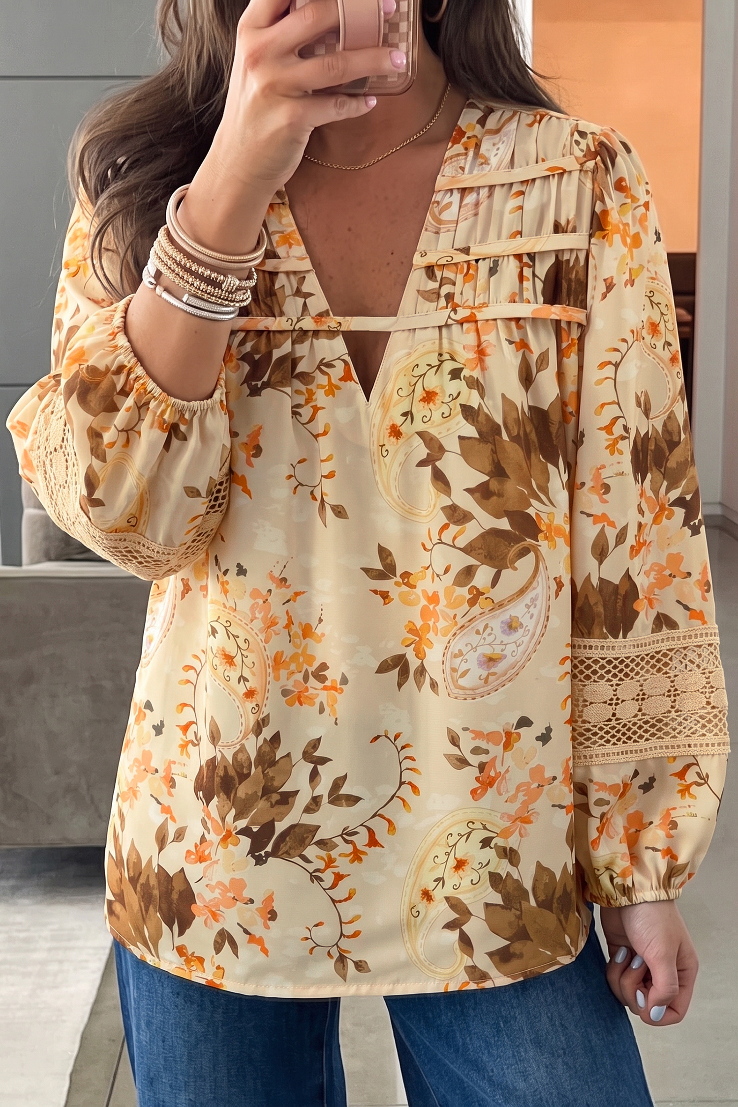 Boho Paisley Print Blouse, Women's Casual Long Sleeve Shirt - Detail View 5