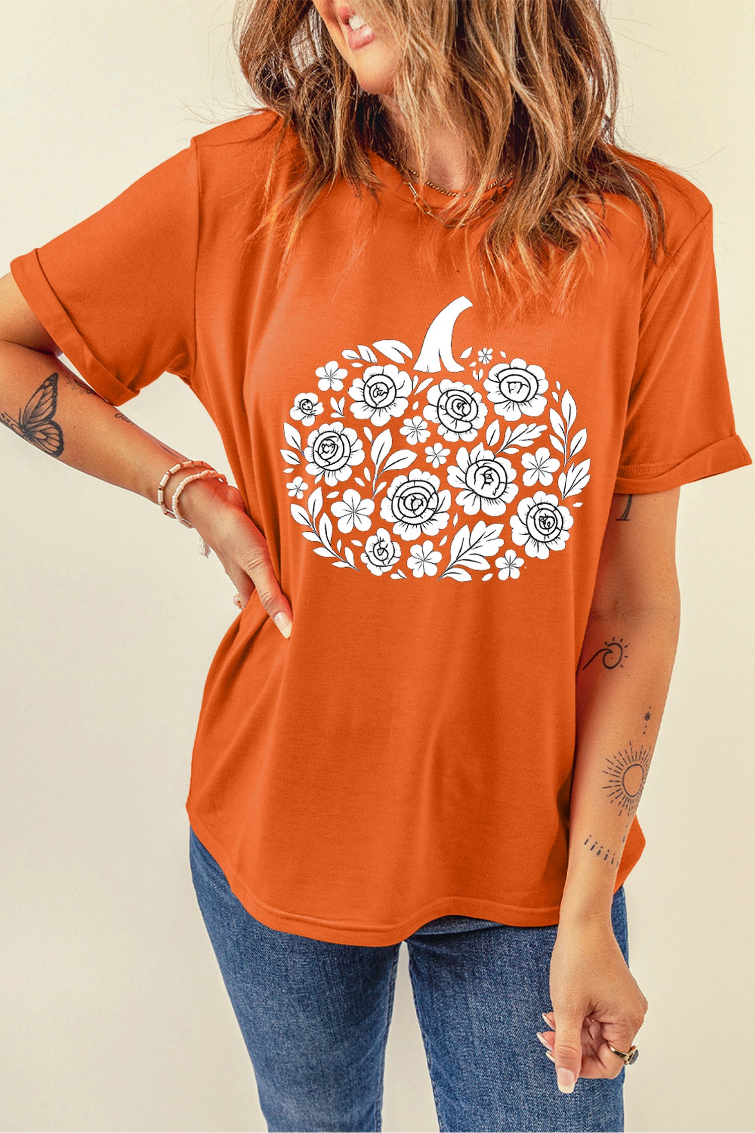 Graphic Pumpkin Print Tee, Women's Fall Seasonal Casual Top - Detail View 5