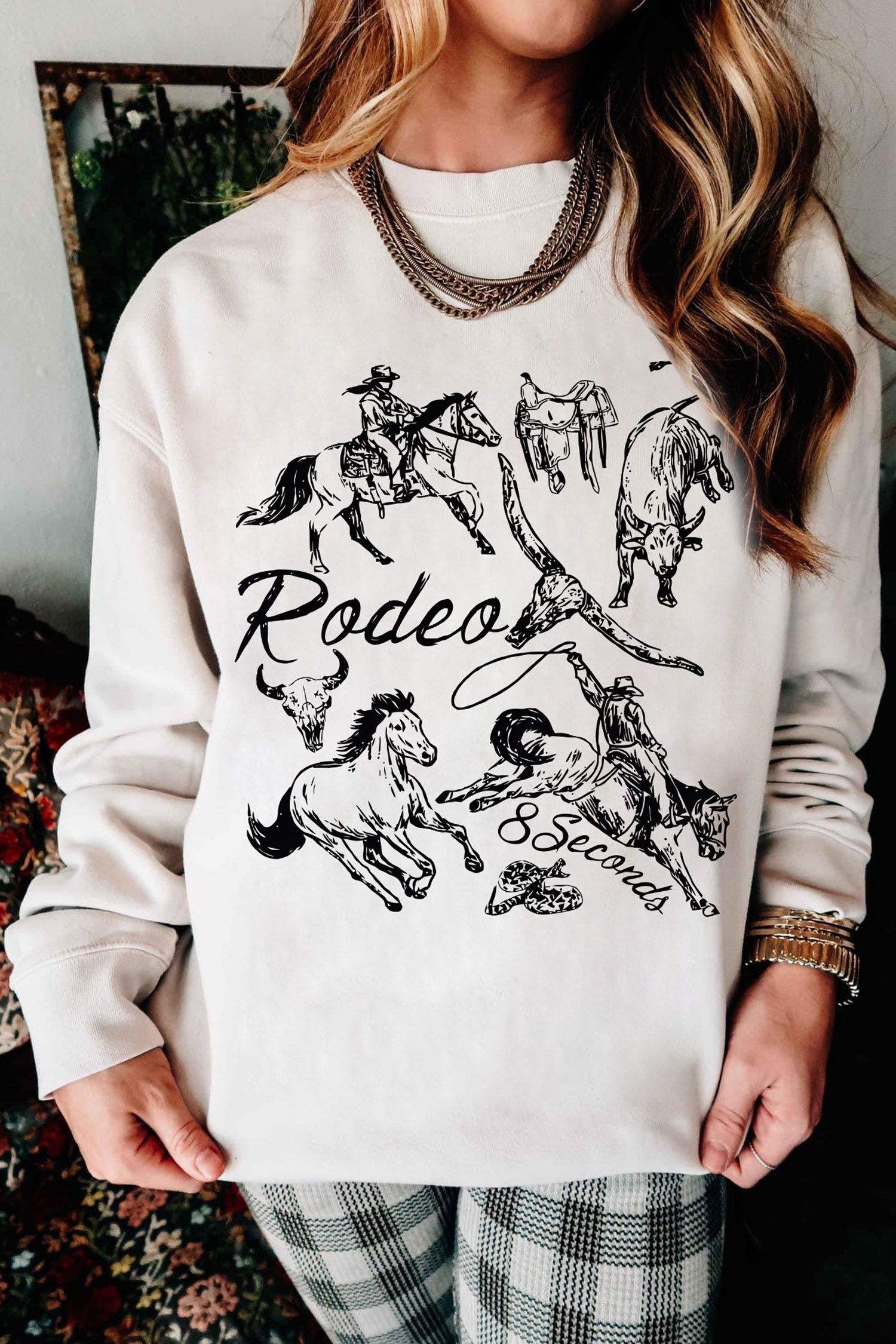 Western Print Long Sleeve Top, Casual Rodeo Theme Pullover - Detail View 2