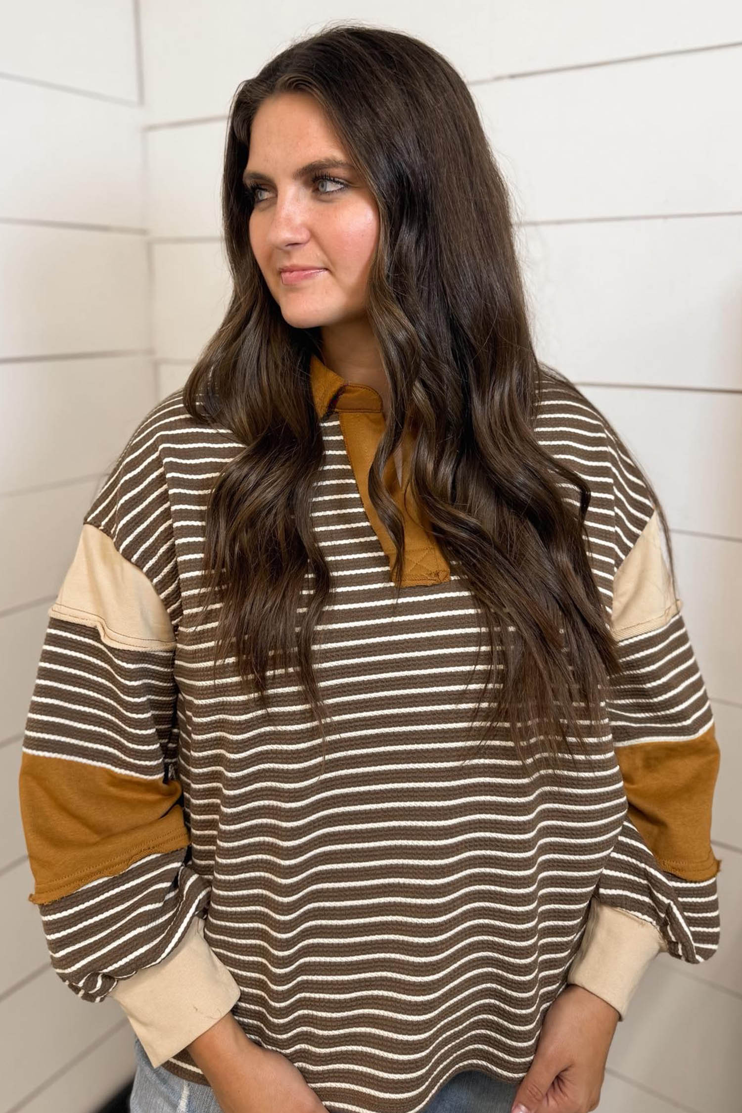 Soft Colorblock Waffle Knit Top, Women's Fall Long Sleeve - Detail View 6