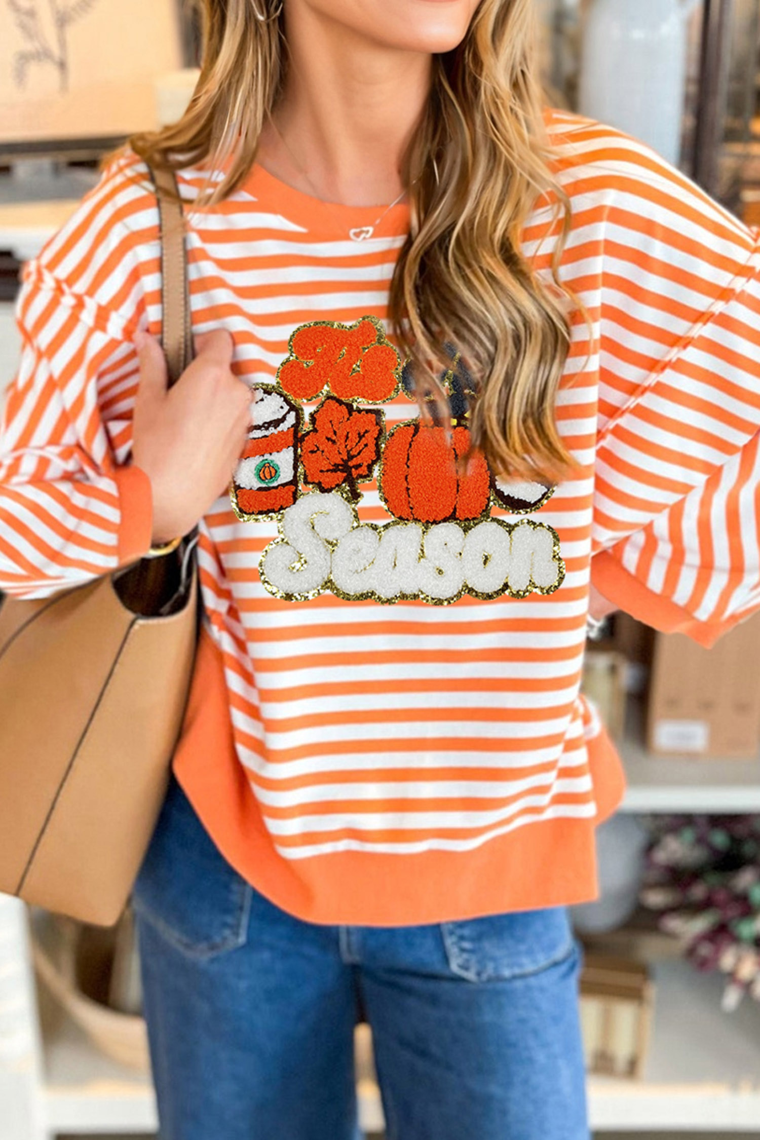 Comfortable Autumn Striped Top, Women's Seasonal Graphic Tee - Detail View 3