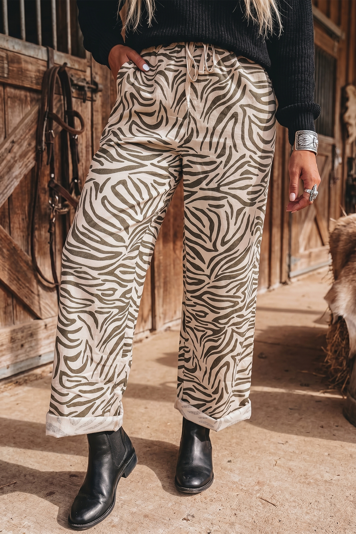 Casual Zebra Pattern Pants, High Waist Elastic Comfort Fit - Detail View 2