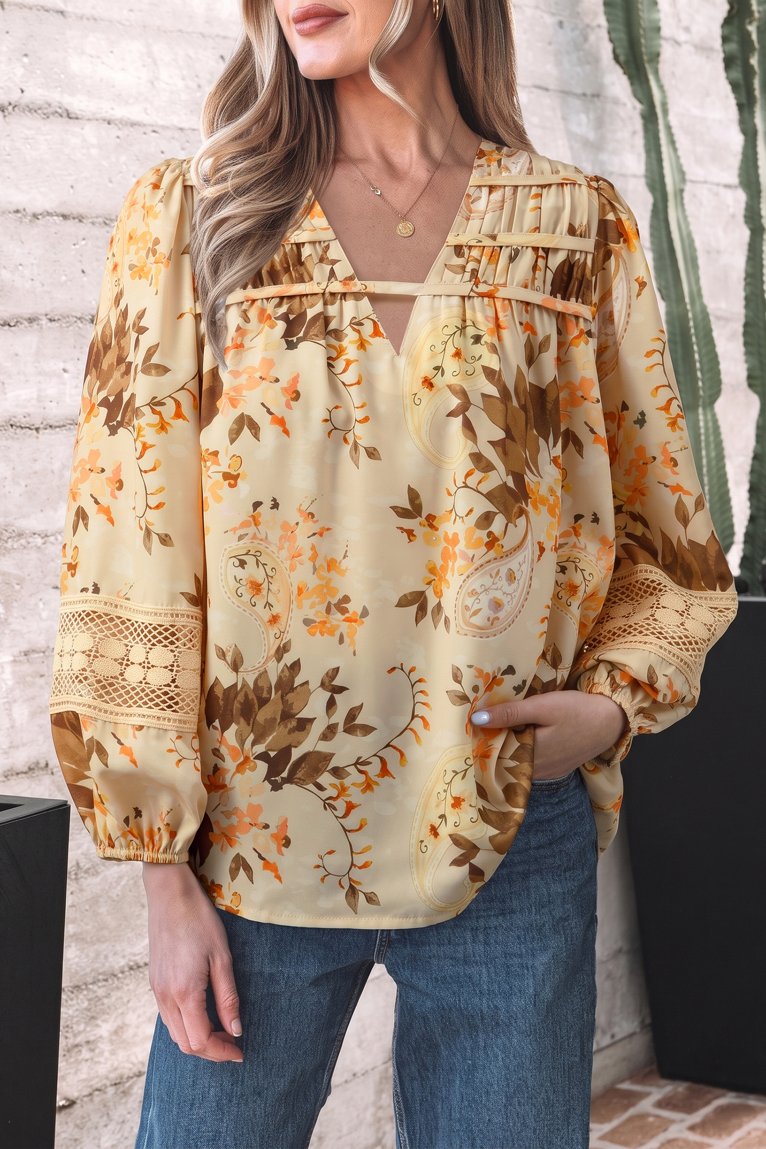 Boho Paisley Print Blouse, Women's Casual Long Sleeve Shirt - Detail View 2