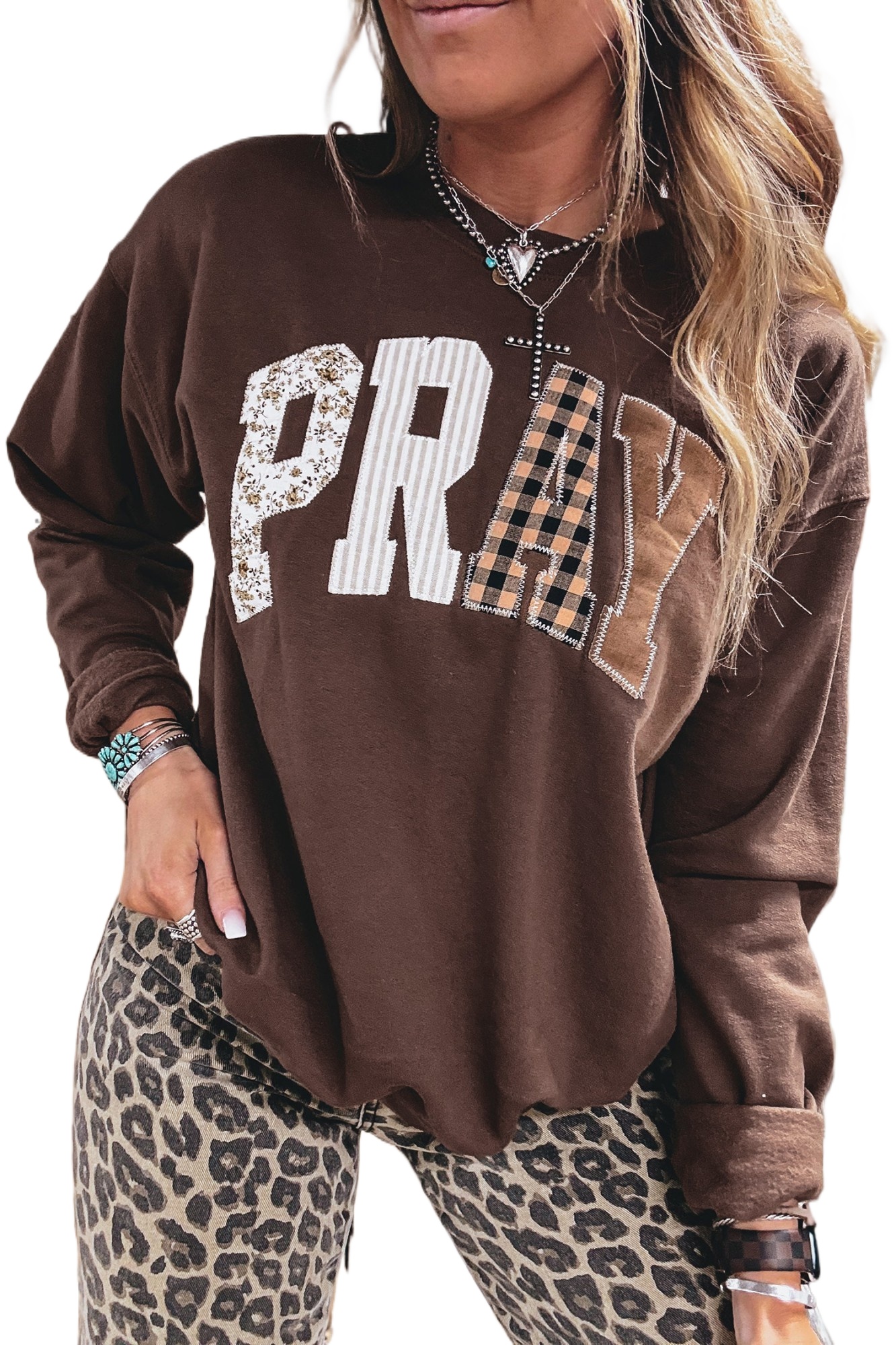 Women's Western Pullover, Coffee Brown Embroidered Sweatshirt - Main View