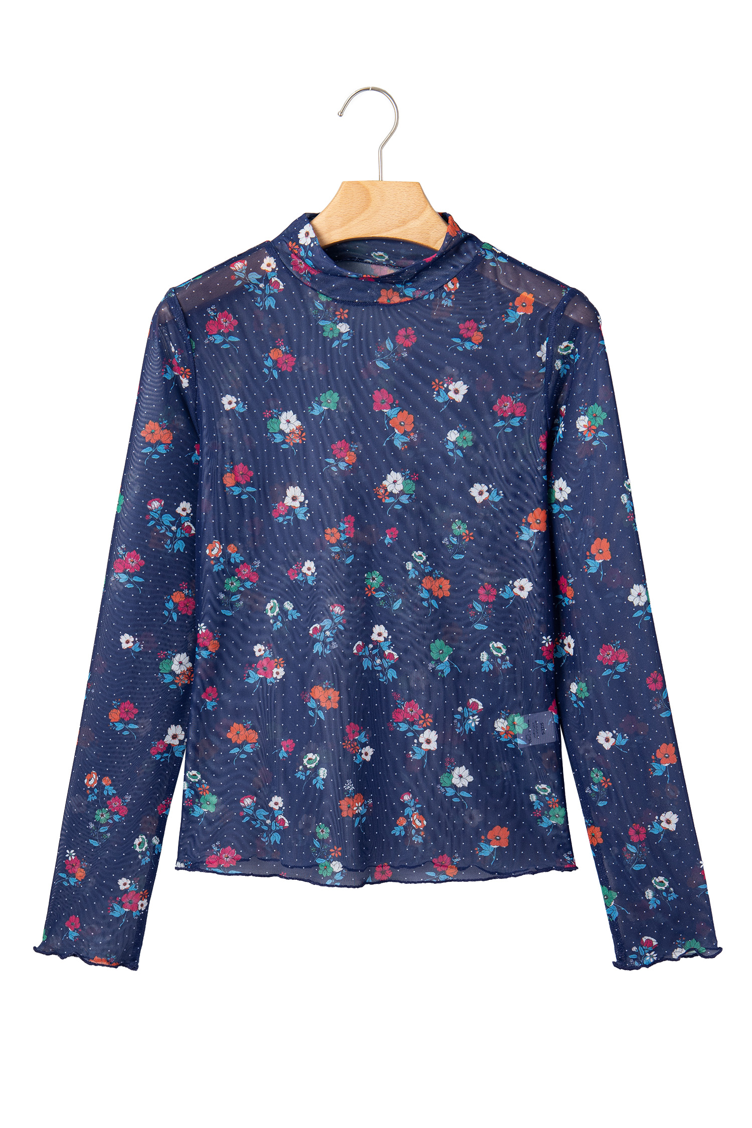 Long Sleeve Floral Mesh Top, Elegant Sheath Style Blouse - Detail View 3