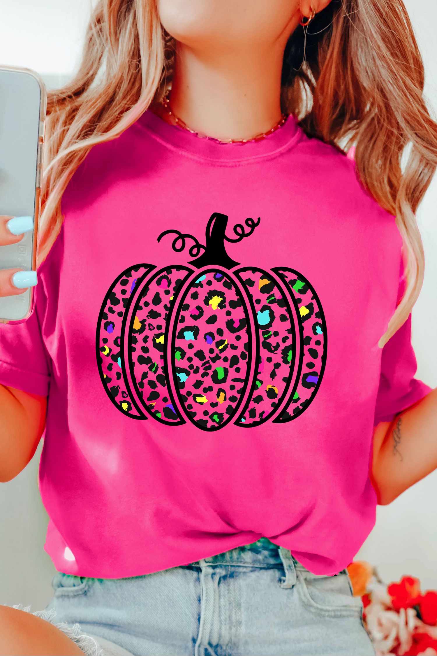 Leopard Pumpkin Graphic T-Shirt, Casual Round Neck Tee - Detail View 2
