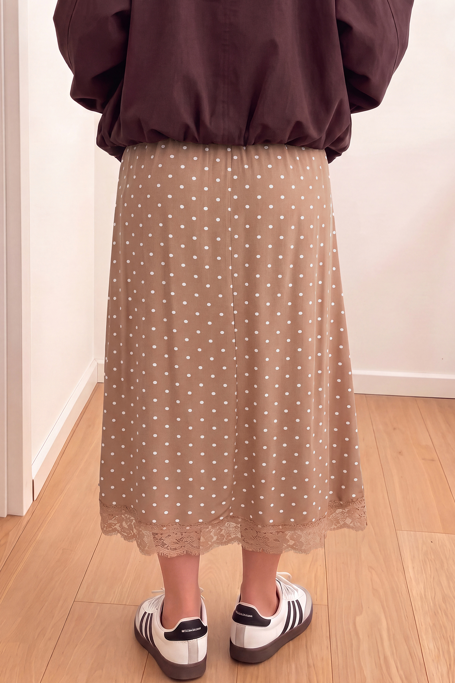 Elegant Polka Dot Maxi Skirt, Lace Trim Trendy Women's Style - Detail View 2