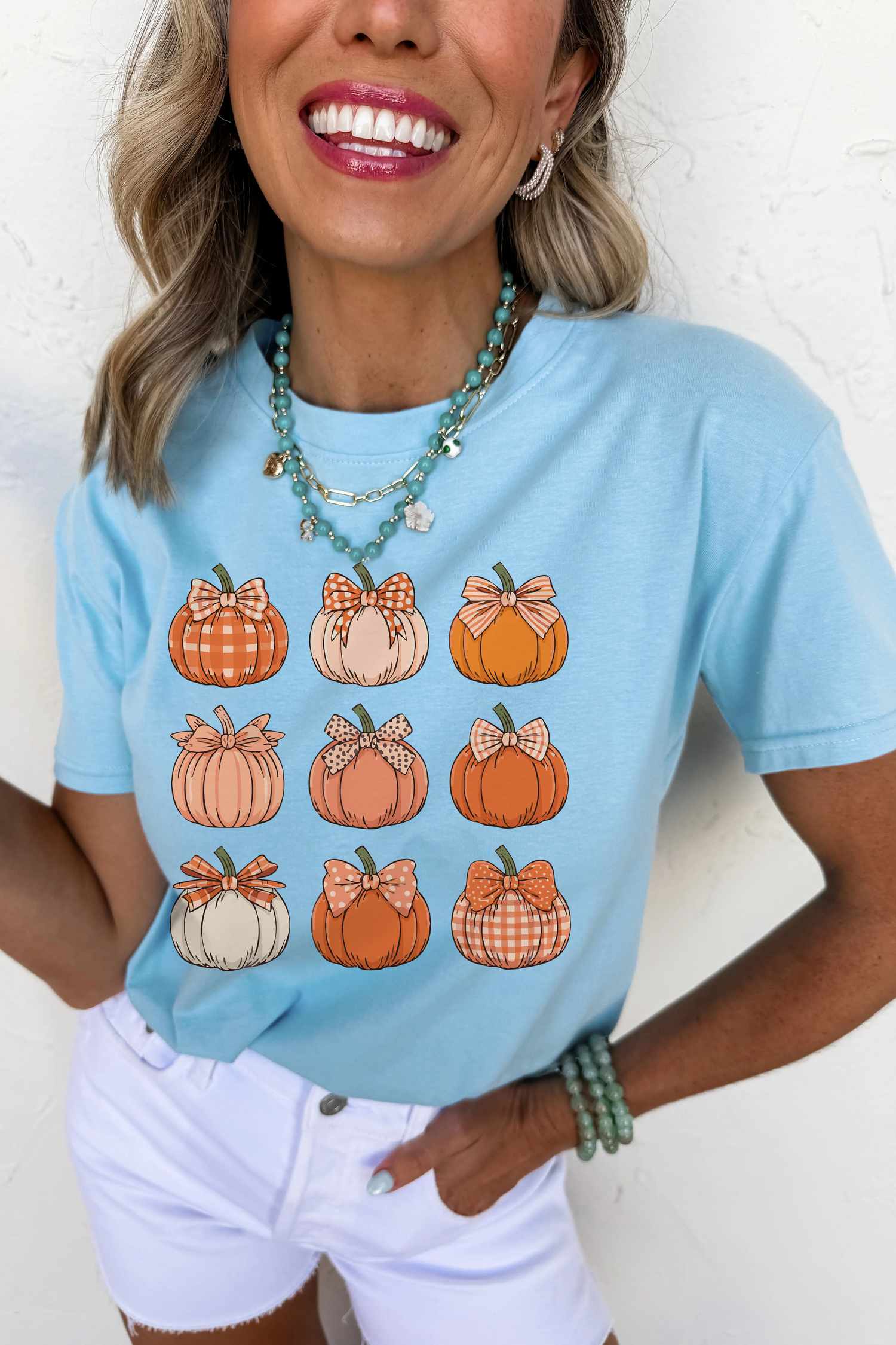 Fall Pumpkin Print Graphic Top, Short Sleeve Crew Neck Tee - Detail View 5