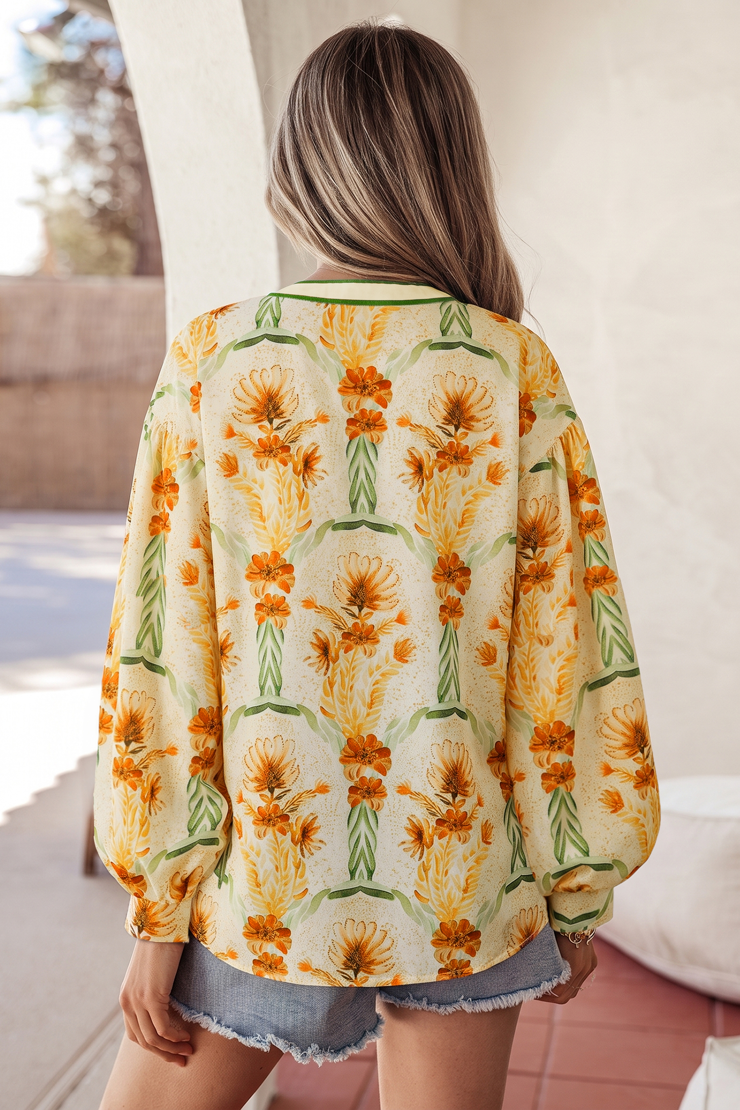 Boho Floral Vacation Shirt, Women's Button Up V Neck Top - Detail View 3