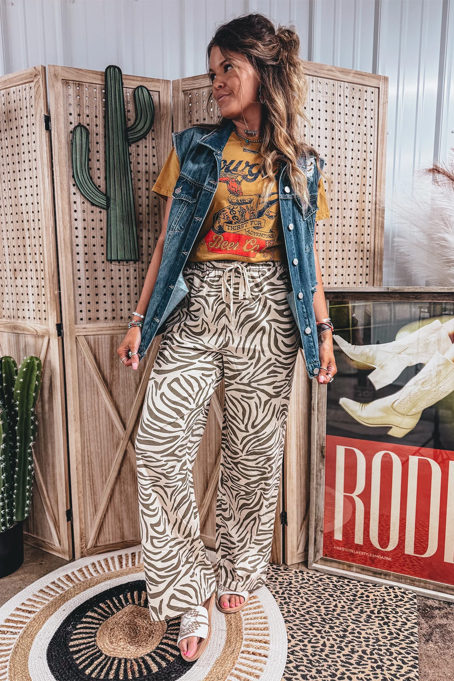 Women's Zebra Print Pants, Western Style Wide Leg Trousers - Detail View 13