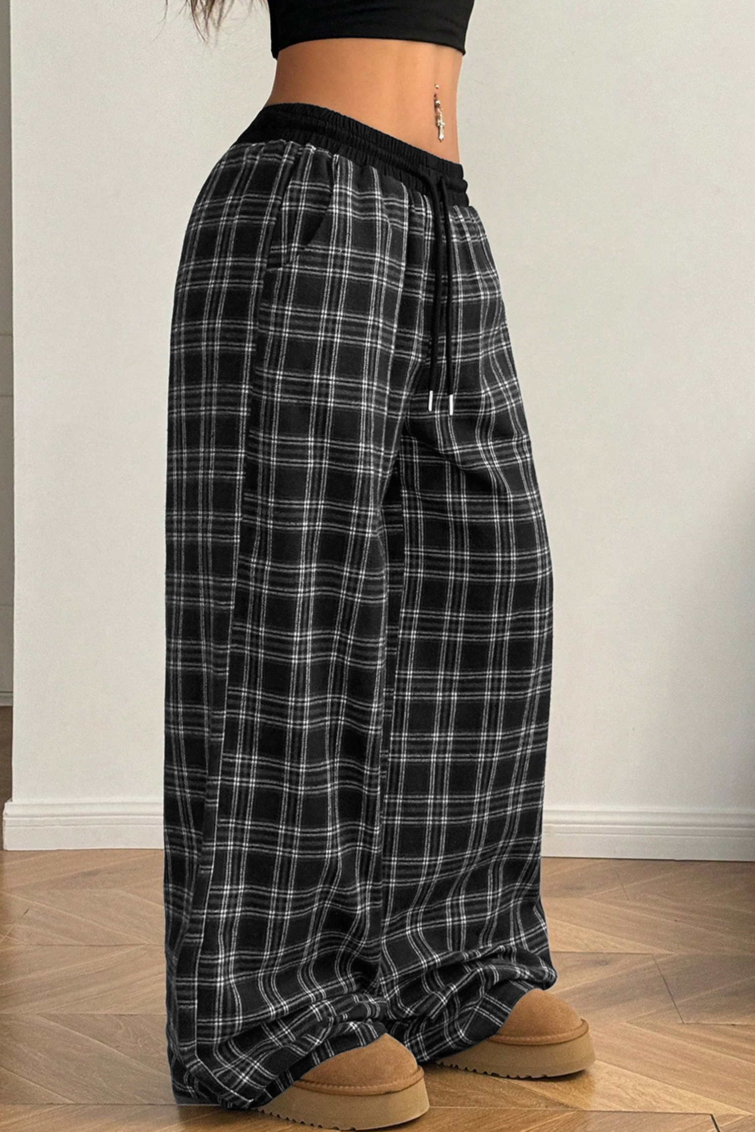 Stretch Plaid Women's Wide Leg Pants, Cozy High Waisted Daily - Detail View 6