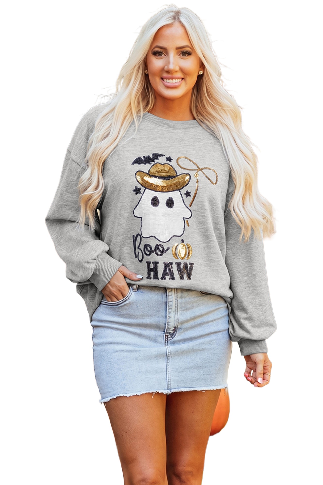 Women's Western Ghost Sweatshirt, Sequin Halloween Pullover - Main View