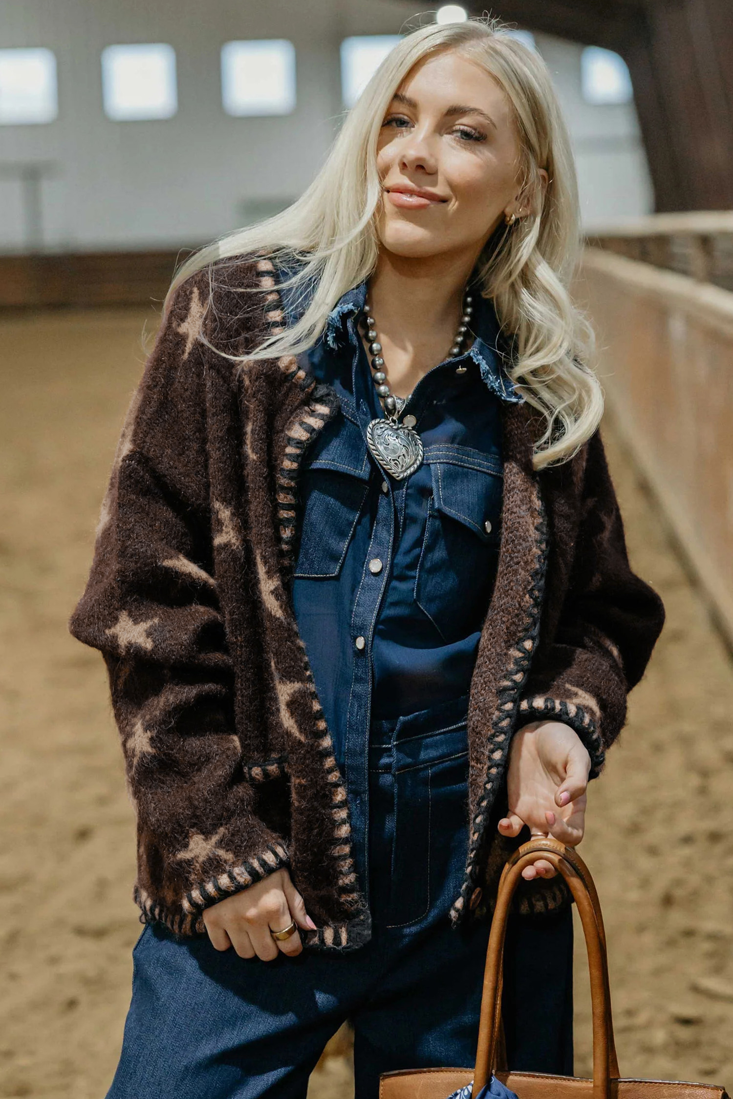 Brown Star Print Cardigan, Long Sleeve Fall Layering Piece - Detail View 5