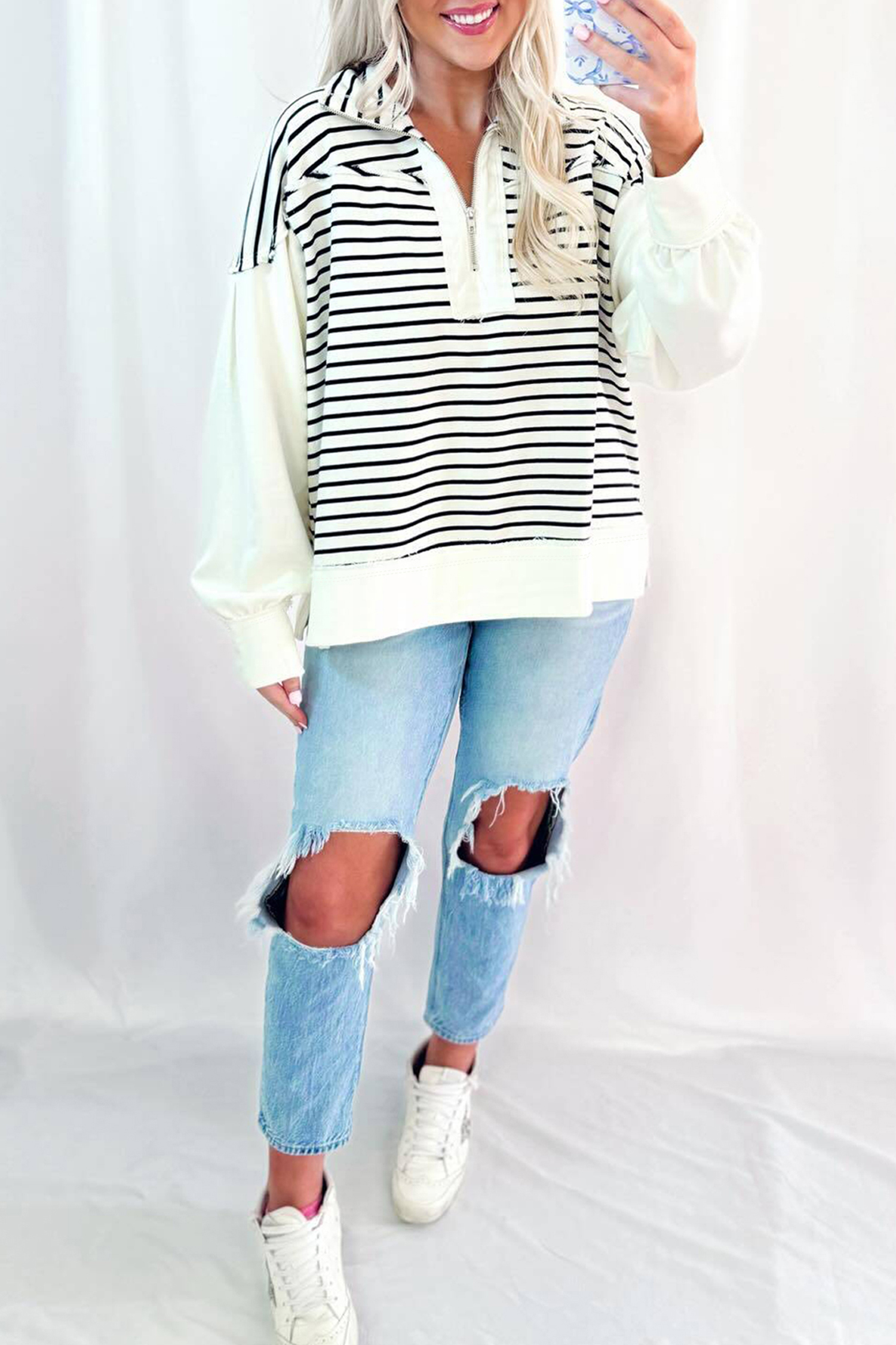 Women's Long Sleeve Stripe Blouse, Trendy Zip Up Casual Top - Detail View 5