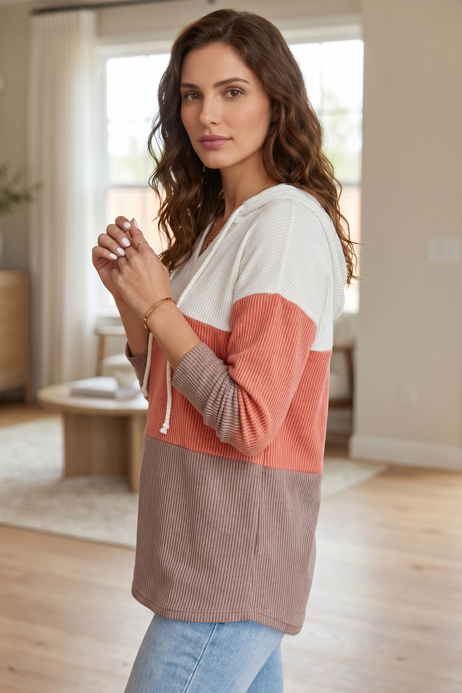 Tri Color Hooded Pullover, Soft Ribbed Knit Casual Shirt - Detail View 2
