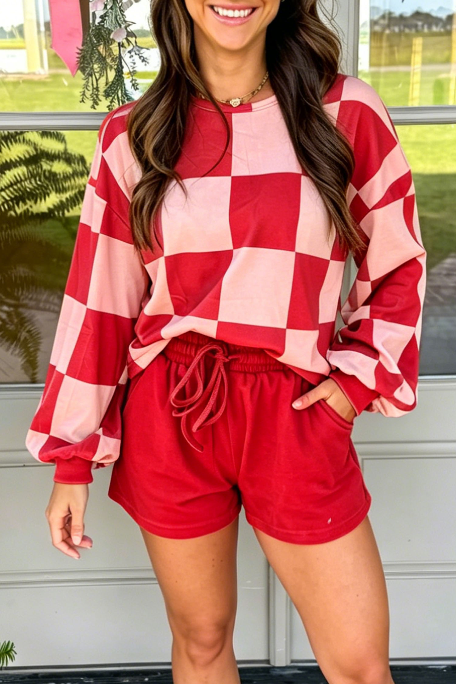 Women's Two Piece Lounge Set, Trendy Checkerboard Print - Detail View 3
