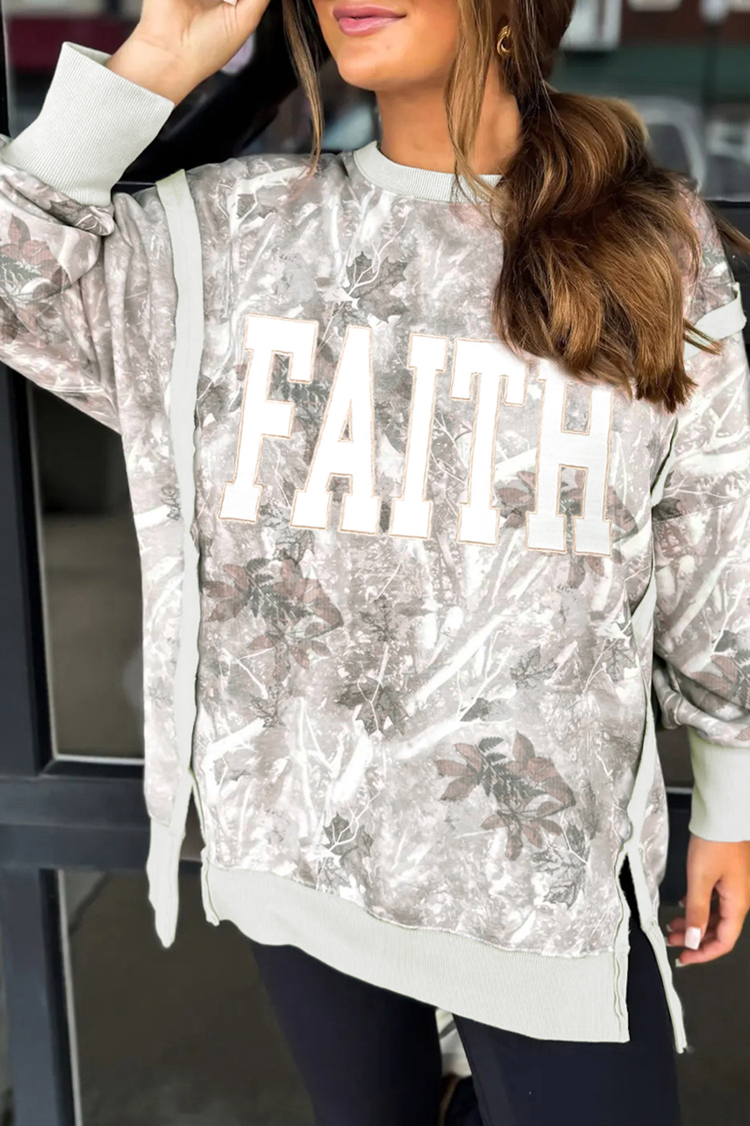 Camo Print Long Sleeve Sweatshirt, Gray Faith Graphic Top - Detail View 2