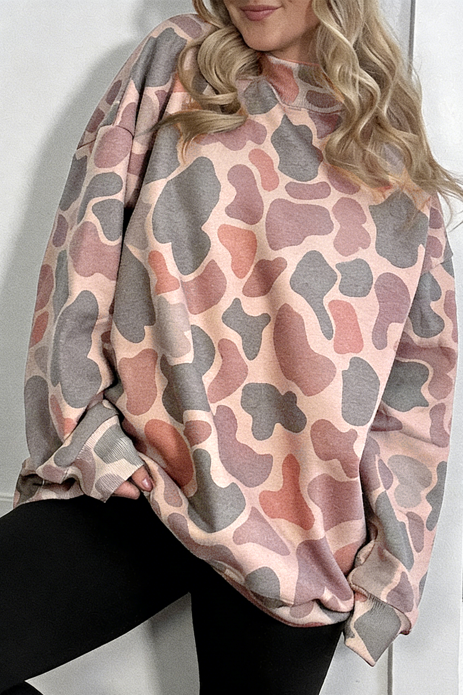 Women's Stand Neck Sweatshirt, Cozy Winter Camo Pullover - Detail View 3