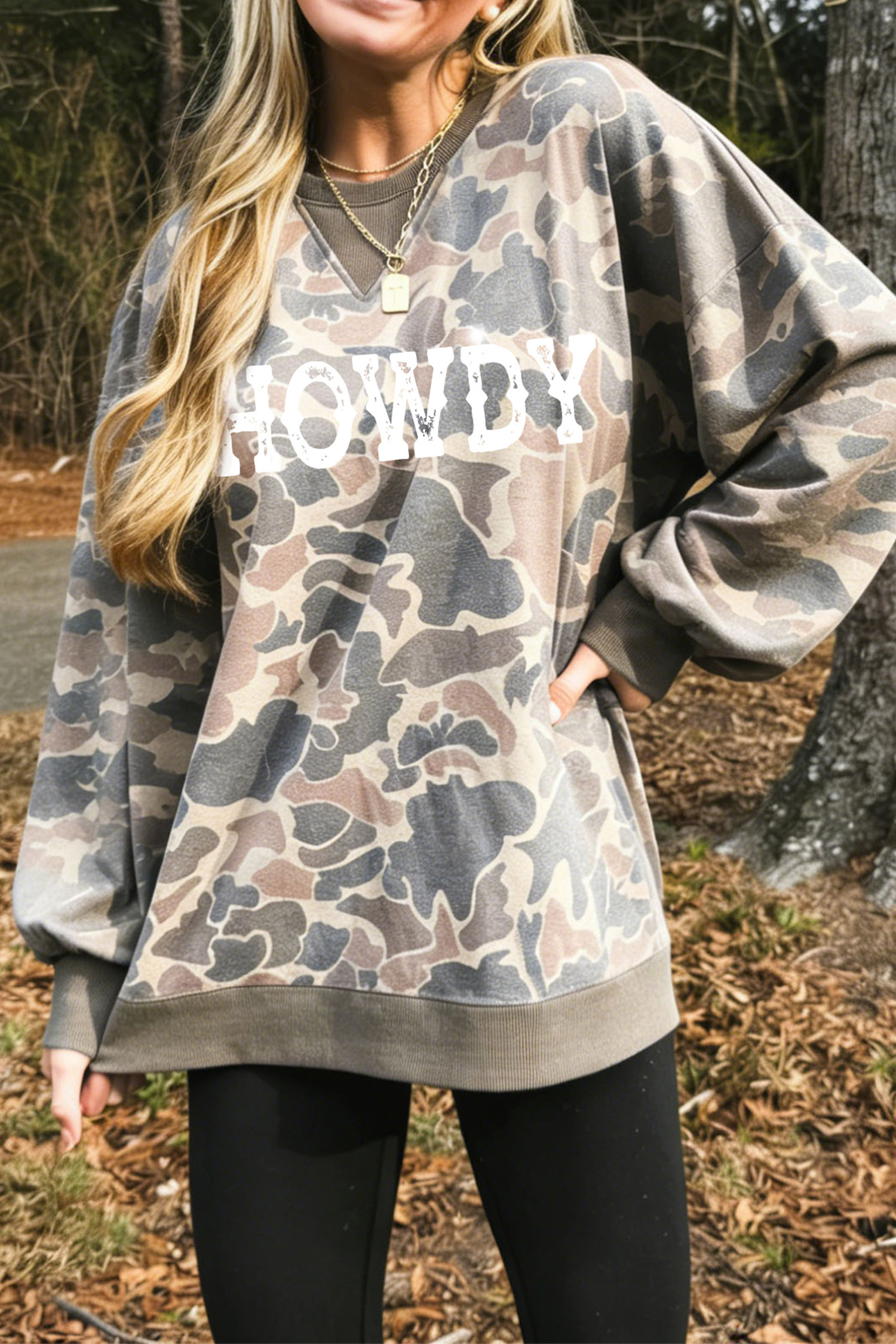 Casual Howdy Camo Print Sweatshirt, Women's Fall Western Top - Detail View 3