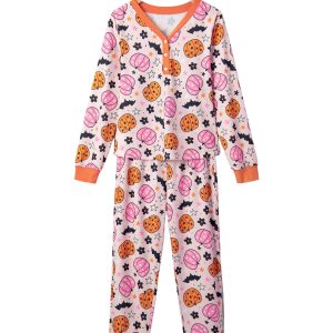 Women's Halloween Pumpkin Lounge Set, Pink Long Sleeve Suit - Main View