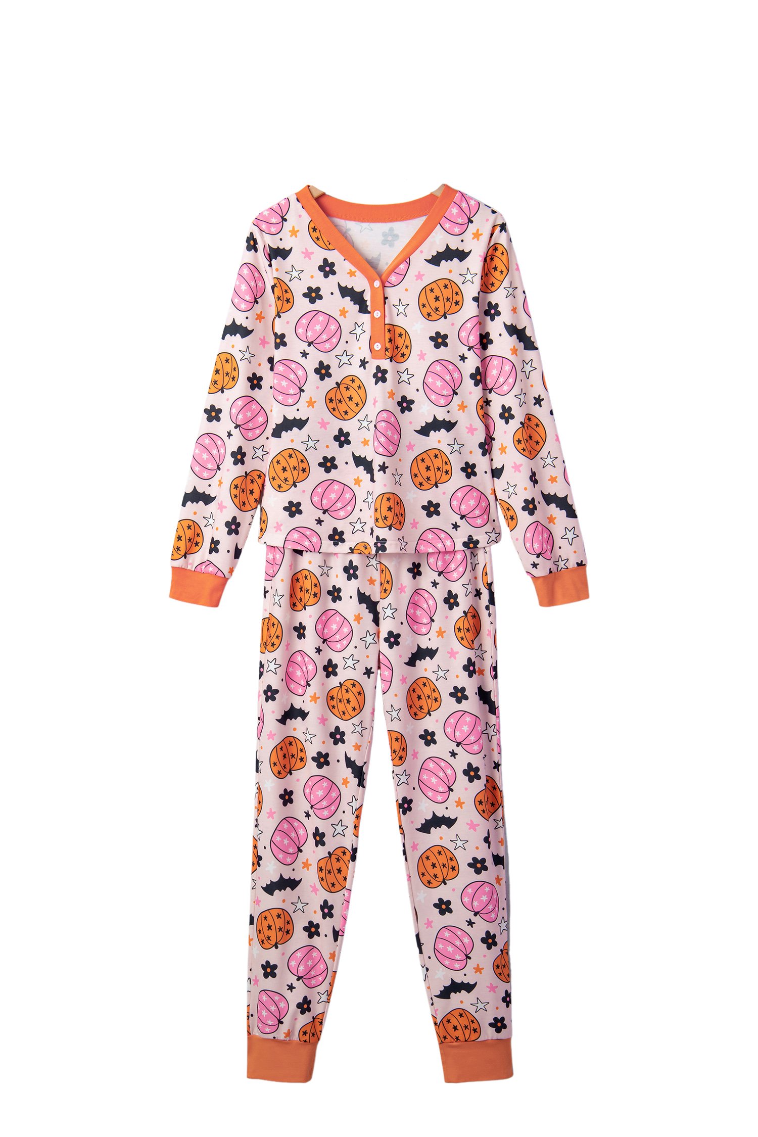 Women's Halloween Pumpkin Lounge Set, Pink Long Sleeve Suit - Main View